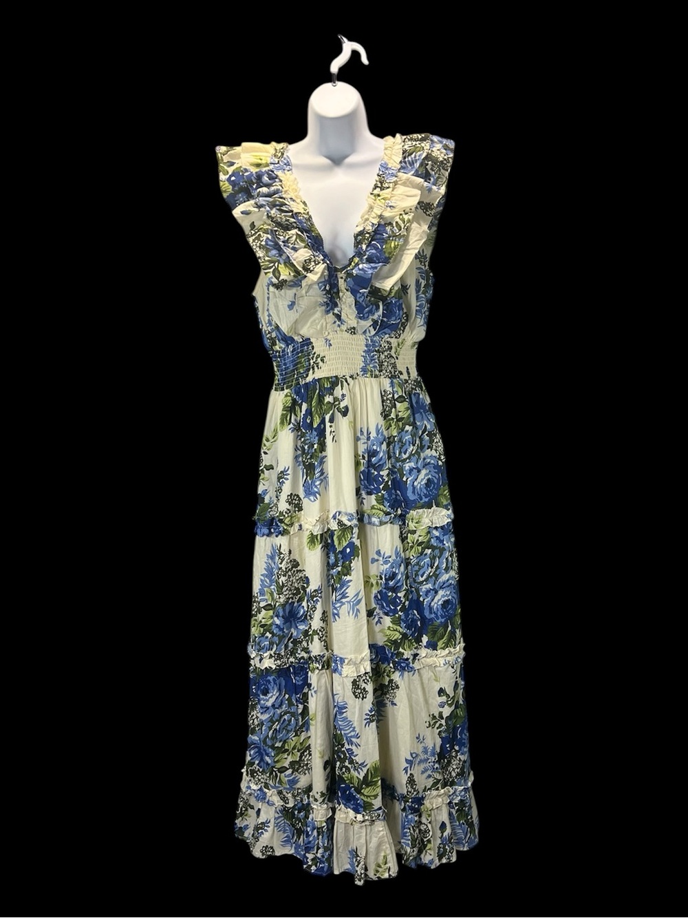 Caroline Constas Maxi Dress Blue & Cream Floral Sz Med Boho Resort Peasant Beach